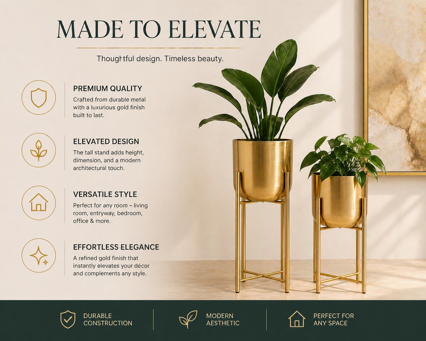 Aurelle Gold Stand Planter – Modern Elevated Indoor Pot Set