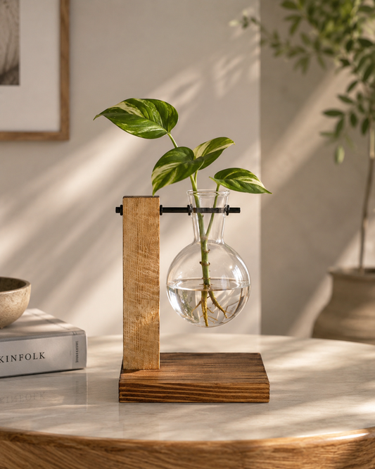 Modern Glass Propagation Vase with Wooden Stand