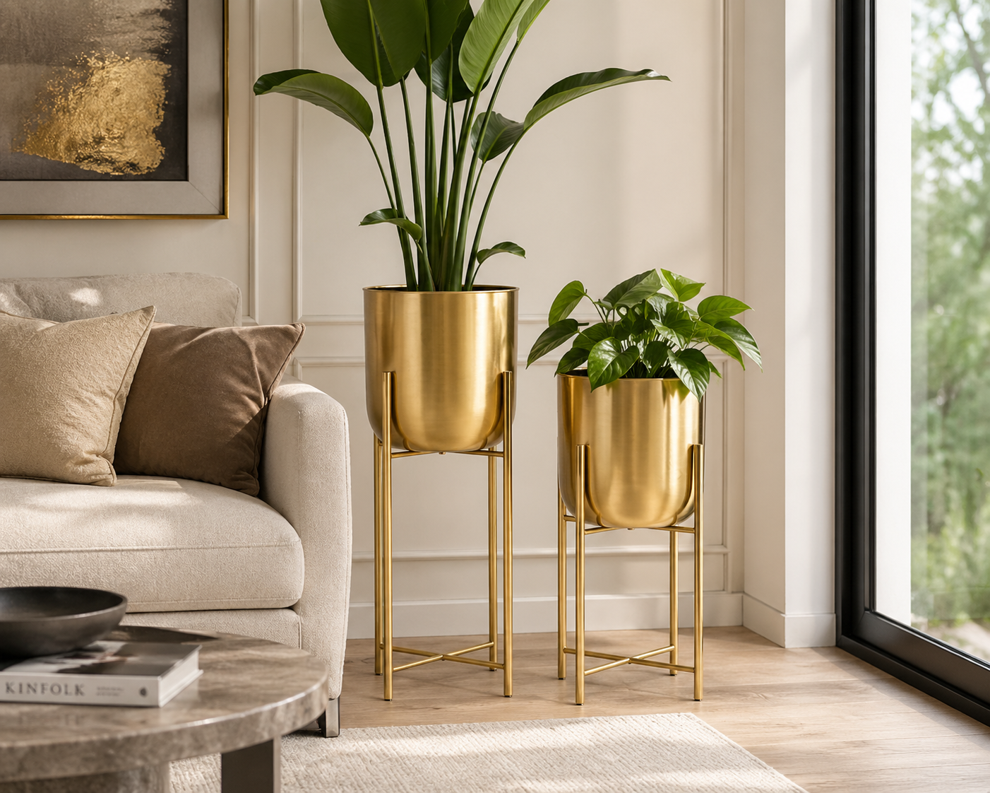 Aurelle Gold Stand Planter – Modern Elevated Indoor Pot Set