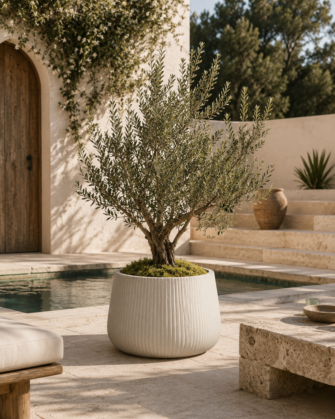 Lunara Ribbed Indoor Outdoor Planter – 15.5” Modern Neutral Plant Pot with Drainage