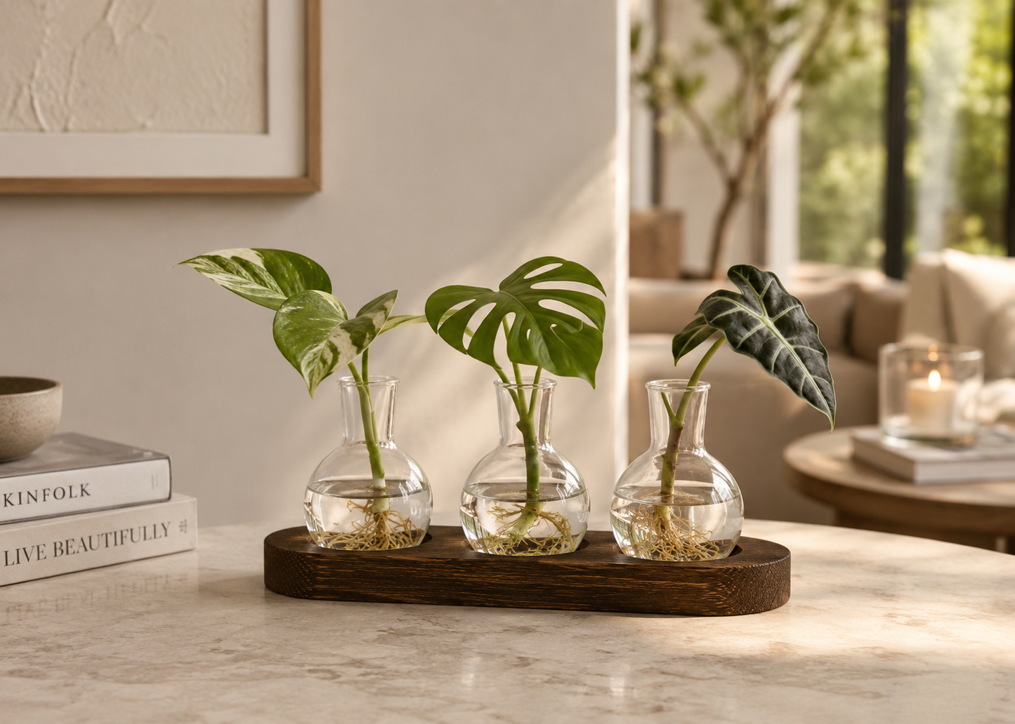 Modern Glass Propagation Station with Wooden Tray