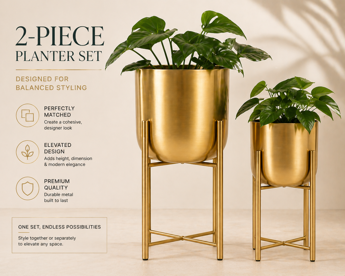 Aurelle Gold Stand Planter – Modern Elevated Indoor Pot Set