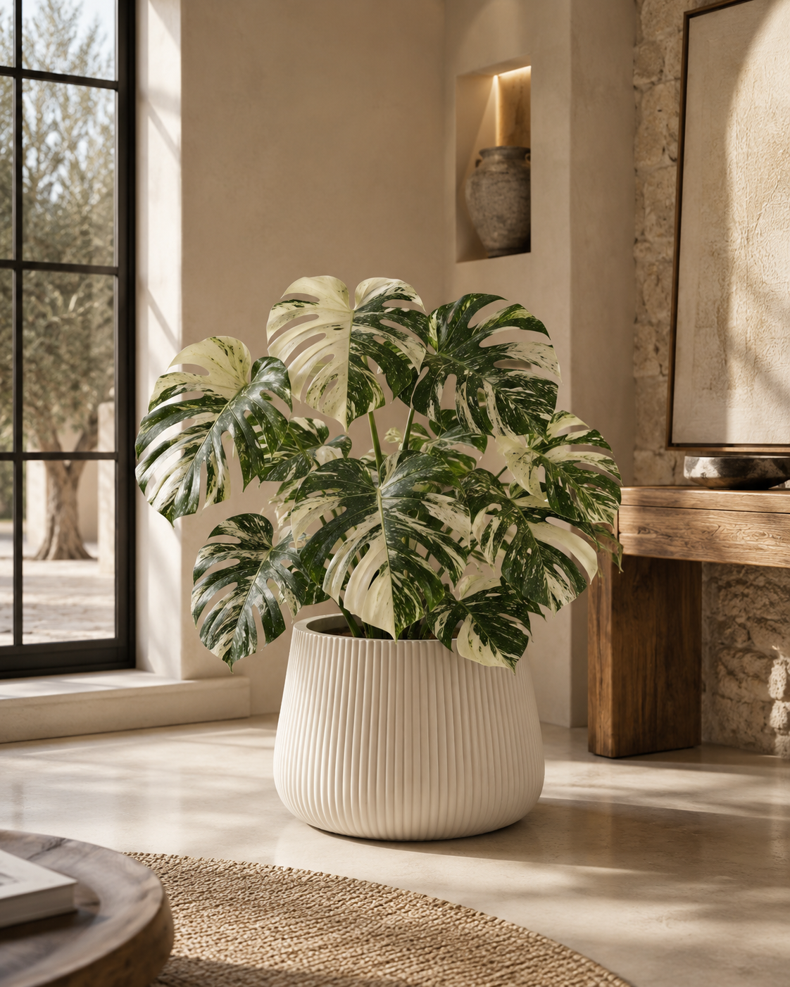 Lunara Ribbed Indoor Outdoor Planter – 15.5” Modern Neutral Plant Pot with Drainage