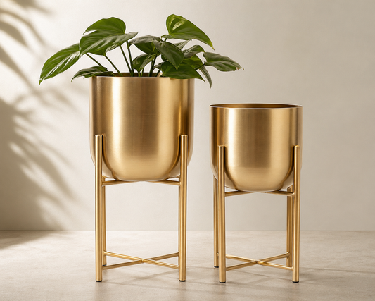 Aurelle Gold Stand Planter – Modern Elevated Indoor Pot Set