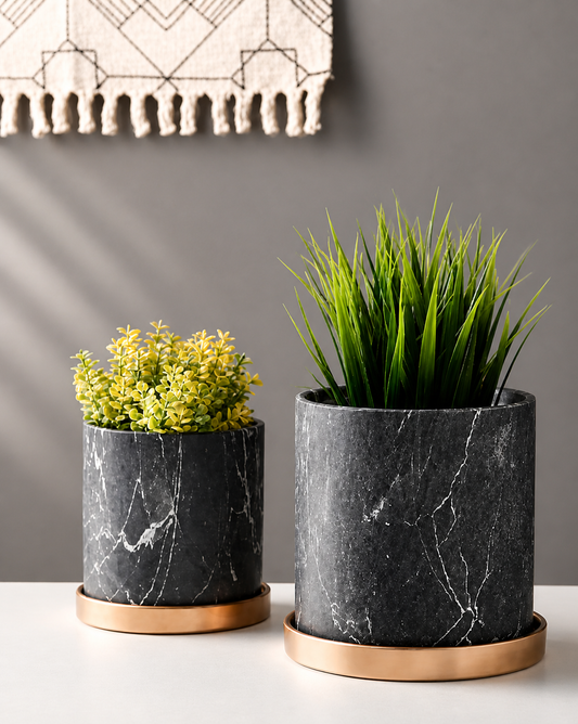 Luxury Marble Planter Set with Gold Tray | Modern Minimalist Home Decor