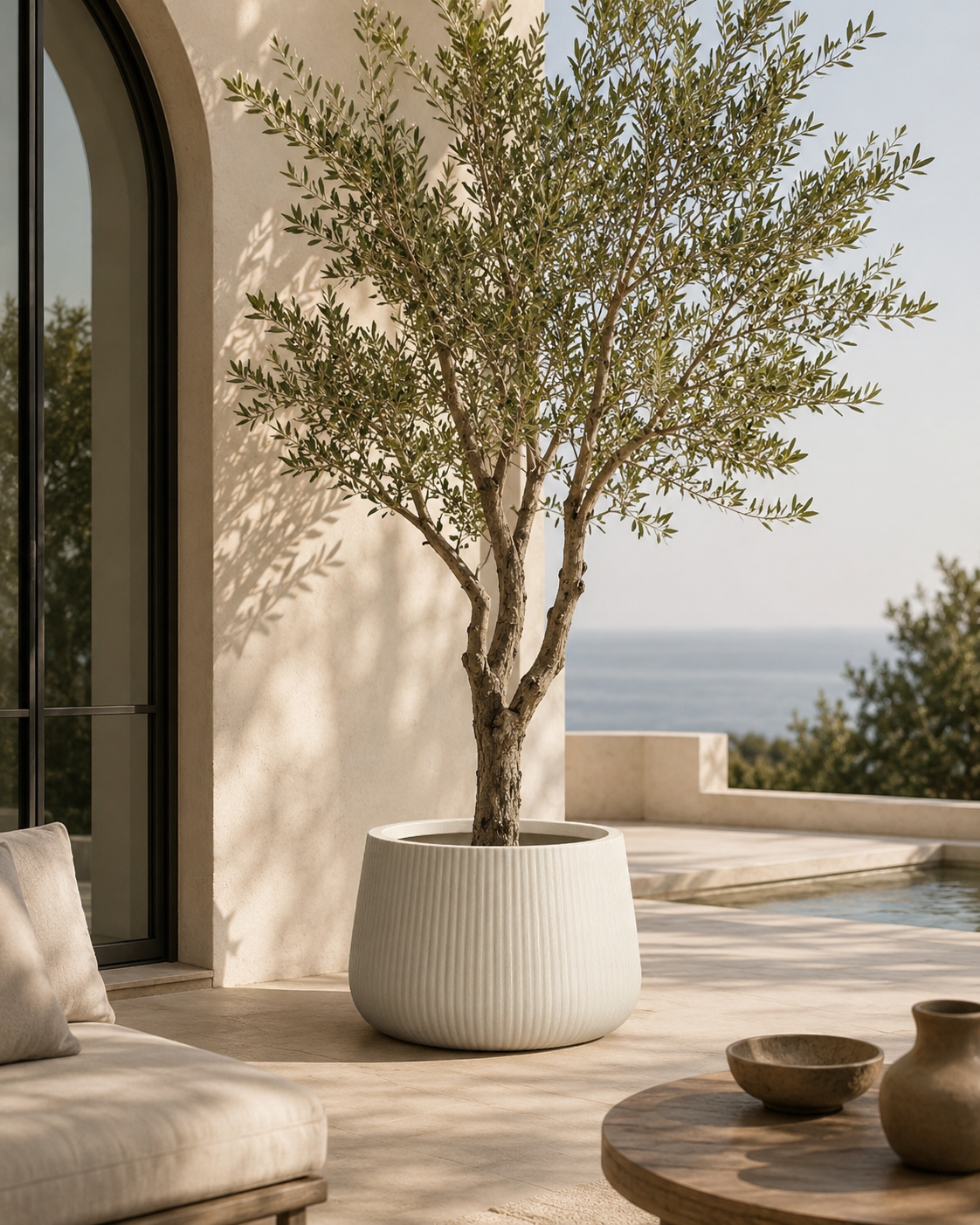 Lunara Ribbed Indoor Outdoor Planter – 15.5” Modern Neutral Plant Pot with Drainage