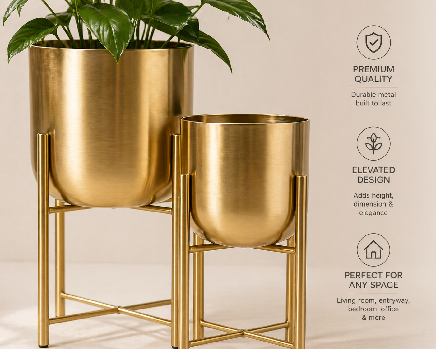 Aurelle Gold Stand Planter – Modern Elevated Indoor Pot Set