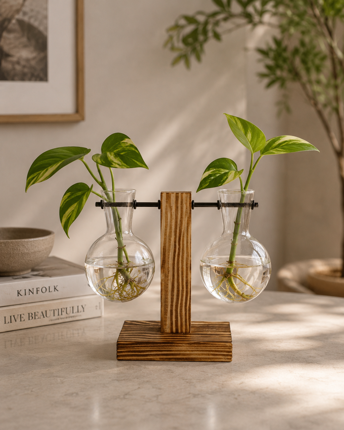 Modern Glass Propagation Vase with Wooden Stand